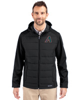 Arizona Diamondbacks Cooperstown Cutter & Buck Evoke Hybrid Softshell Recycled Full Zip Mens Hooded Jacket Black Front