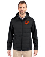 Baltimore Orioles Cooperstown Cutter & Buck Evoke Hybrid Eco Softshell Recycled Full Zip Mens Big & Tall Hooded Jacket Black Front