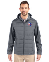 Texas Rangers Cooperstown Cutter & Buck Evoke Hybrid Eco Softshell Recycled Full Zip Mens Big & Tall Hooded Jacket Elemental Grey Front
