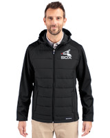 Chicago White Sox Cooperstown Cutter & Buck Evoke Hybrid Eco Softshell Recycled Full Zip Mens Big & Tall Hooded Jacket Black Front
