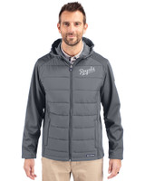 Kansas City Royals Cooperstown Cutter & Buck Evoke Hybrid Eco Softshell Recycled Full Zip Mens Big & Tall Hooded Jacket Elemental Grey Front