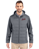 New York Mets Cooperstown Cutter & Buck Evoke Hybrid Eco Softshell Recycled Full Zip Mens Big & Tall Hooded Jacket Elemental Grey Front