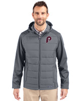 Philadelphia Phillies Cooperstown Cutter & Buck Evoke Hybrid Eco Softshell Recycled Full Zip Mens Big & Tall Hooded Jacket Elemental Grey Front