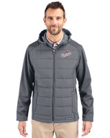 Los Angeles Dodgers Cooperstown Cutter & Buck Evoke Hybrid Eco Softshell Recycled Full Zip Mens Big & Tall Hooded Jacket Elemental Grey Front