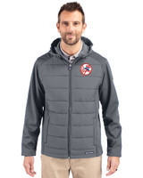 New York Yankees Cooperstown Cutter & Buck Evoke Hybrid Eco Softshell Recycled Full Zip Mens Big & Tall Hooded Jacket Elemental Grey Front