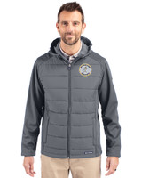 Milwaukee Brewers Cooperstown Cutter & Buck Evoke Hybrid Eco Softshell Recycled Full Zip Mens Big & Tall Hooded Jacket Elemental Grey Front