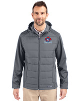 Toronto Blue Jays Cooperstown Cutter & Buck Evoke Hybrid Eco Softshell Recycled Full Zip Mens Big & Tall Hooded Jacket Elemental Grey Front