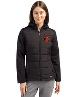 Baltimore Orioles Cooperstown Cutter & Buck Evoke Hybrid Softshell Recycled Full Zip Womens Hooded Jacket Black Front