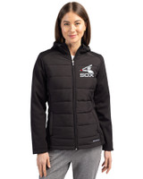 Chicago White Sox Cooperstown Cutter & Buck Evoke Hybrid Softshell Recycled Full Zip Womens Hooded Jacket Black Front