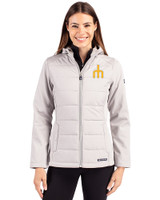 Seattle Mariners Cooperstown Cutter & Buck Evoke Hybrid Softshell Recycled Full Zip Womens Hooded Jacket CONCRETE Front