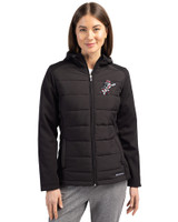 Cincinnati Reds Cooperstown Cutter & Buck Evoke Hybrid Softshell Recycled Full Zip Womens Hooded Jacket Black Front
