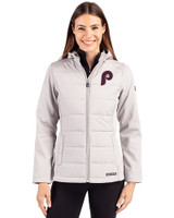 Philadelphia Phillies Cooperstown Cutter & Buck Evoke Hybrid Softshell Recycled Full Zip Womens Hooded Jacket CONCRETE Front