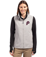 Philadelphia Phillies Cooperstown Cutter & Buck Charter Eco Recycled Full-Zip Womens Vest Polished Medium Gray Front