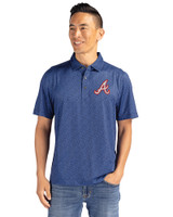 Atlanta Braves Cooperstown Cutter & Buck Pike Eco Pebble Print Stretch Recycled Mens Polo Navy Blue Front