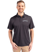 Colorado Rockies Cooperstown Cutter & Buck Pike Eco Tonal Geo Print Stretch Recycled Mens Polo Black Front