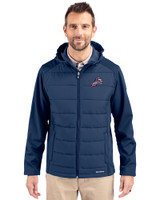 Detroit Lions Americana Cutter & Buck Evoke Hybrid Eco Softshell Recycled Full Zip Mens Big & Tall Hooded Jacket Navy Blue Front