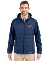 New York Giants Americana Cutter & Buck Evoke Hybrid Eco Softshell Recycled Full Zip Mens Big & Tall Hooded Jacket Navy Blue Front
