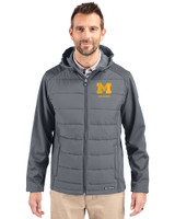 Michigan Wolverines Alumni Cutter & Buck Evoke Hybrid Eco Softshell Recycled Full Zip Mens Big & Tall Hooded Jacket Elemental Grey Front