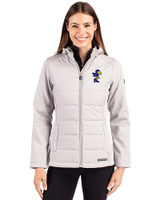 Kansas Jayhawks College Vault Cutter & Buck Evoke Hybrid Softshell Recycled Full Zip Womens Hooded Jacket CONCRETE Front