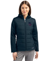 Minnesota Vikings Americana Cutter & Buck Evoke Hybrid Softshell Recycled Full Zip Womens Hooded Jacket Navy Blue Front