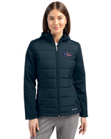 Denver Broncos Americana Cutter & Buck Evoke Hybrid Softshell Recycled Full Zip Womens Hooded Jacket Navy Blue Front