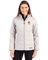 Clemson Tigers Alumni Cutter & Buck Evoke Hybrid Softshell Recycled Full Zip Womens Hooded Jacket CONCRETE Front
