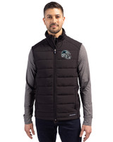 Carolina Panthers NFL Helmet Cutter & Buck Evoke Hybrid Softshell Recycled Mens Full Zip Vest Black Front
