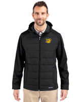 Baylor Sailor Bear College Vault Cutter & Buck Evoke Hybrid Softshell Recycled Full Zip Mens Hooded Jacket Black Front