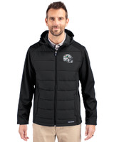 Miami Dolphins NFL Helmet Cutter & Buck Evoke Hybrid Softshell Recycled Full Zip Mens Hooded Jacket Black Front