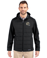 New Orleans Saints NFL Helmet Cutter & Buck Evoke Hybrid Softshell Recycled Full Zip Mens Hooded Jacket Black Front