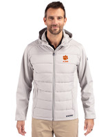 Clemson Tigers Alumni Cutter & Buck Evoke Hybrid Softshell Recycled Full Zip Mens Hooded Jacket CONCRETE Front