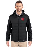 Nebraska Cornhuskers Alumni Cutter & Buck Evoke Hybrid Softshell Recycled Full Zip Mens Hooded Jacket Black Front