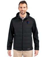 DePaul Blue Demons Cutter & Buck Evoke Hybrid Eco Softshell Recycled Full Zip Mens Big & Tall Hooded Jacket Black Front