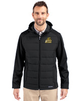 Bryant University Bulldogs Cutter & Buck Evoke Hybrid Eco Softshell Recycled Full Zip Mens Big & Tall Hooded Jacket Black Front