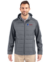 Fairleigh Dickinson Knights Cutter & Buck Evoke Hybrid Eco Softshell Recycled Full Zip Mens Big & Tall Hooded Jacket Elemental Grey Front