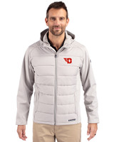 Dayton Flyers Cutter & Buck Evoke Hybrid Softshell Recycled Full Zip Mens Hooded Jacket CONCRETE Front