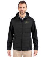 Colorado Buffaloes Cutter & Buck Evoke Hybrid Softshell Recycled Full Zip Mens Hooded Jacket Black Front