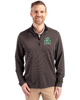Marshall Thundering Herd College Vault Cutter & Buck Virtue Eco Pique Micro Stripe Recycled Mens Quarter Zip Black/Elemental Grey Front