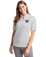 Washington Huskies Cutter & Buck Virtue Eco Pique Stripe Recycled Womens Top Polished Medium Gray Front