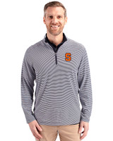 Syracuse Orange Cutter & Buck Virtue Recycled Micro Stripe Featherlight Pique Mens Big & Tall Quarter Zip Pullover Navy Blue/White Front