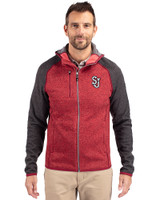 St Johns Red Storm Cutter & Buck Mainsail Full Zip Hooded Mens Jacket Cardinal Red Heather/Charcoal Heather Front