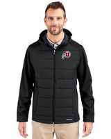Utah Utes Cutter & Buck Evoke Hybrid Eco Softshell Recycled Full Zip Mens Big & Tall Hooded Jacket Black Front