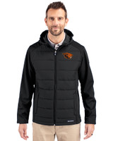 Oregon State Beavers Cutter & Buck Evoke Hybrid Eco Softshell Recycled Full Zip Mens Big & Tall Hooded Jacket Black Front