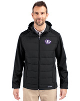 Texas Christian Horned Frogs College Vault Cutter & Buck Evoke Hybrid Softshell Recycled Full Zip Mens Hooded Jacket Black Front