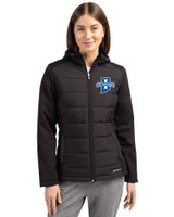 Indiana State Sycamores Cutter & Buck Evoke Hybrid Softshell Recycled Full Zip Womens Hooded Jacket Black Front