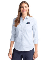 West Michigan Whitecaps Cutter & Buck Stretch Oxford Stripe Womens Long Sleeve Dress Shirt Light Blue Front