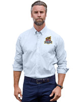 Toledo Mud Hens Cutter & Buck Stretch Oxford Stripe Mens Big and Tall Long Sleeve Dress Shirt Light Blue Front