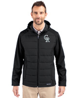 Colorado Rockies City Connect Cutter & Buck Evoke Hybrid Eco Softshell Recycled Full Zip Mens Big & Tall Hooded Jacket Black Front