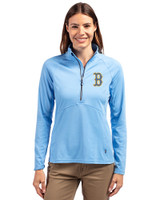 Boston Red Sox City Connect Cutter & Buck Adapt Eco Knit Stretch Recycled Womens Half Zip Pullover Atlas Light Blue Front