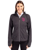 San Diego Padres City Connect Cutter & Buck Mainsail Full Zip Hooded Womens Jacket Charcoal Heather Front